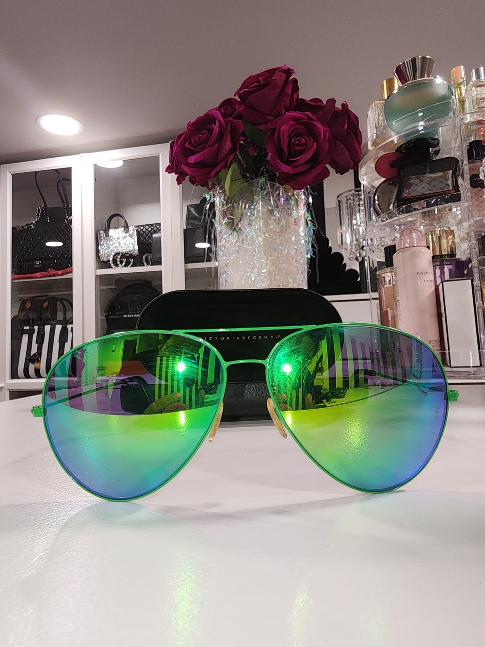 Victoria Beckham Green Mirrored Aviator Sunglasses With Case